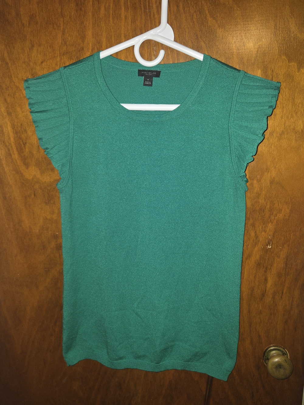 Ann Taylor Emerald Green Pleated Cap-Sleeve Tank Top